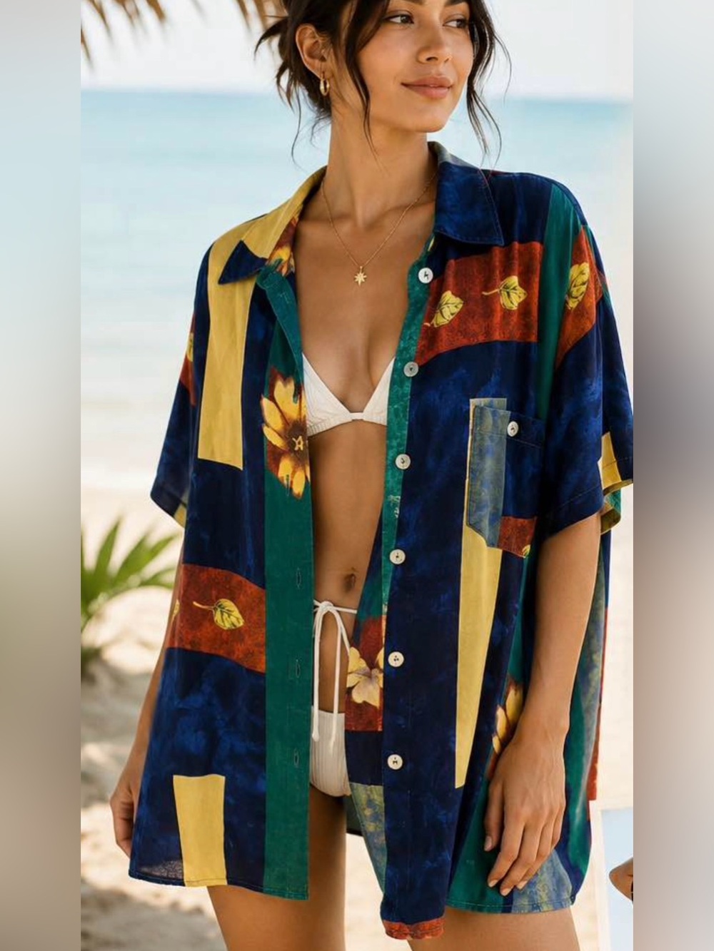 Oversized Tropical Patchwork Button-Up Shirt - Navy, Green & Mustard